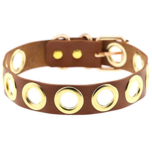 LAIFEKE JNKET Harajuku Neck Accessories Adjustable Size Golden Metal Circles Inlaid Collar PU Leather Choker Necklace Gothic (Leichter Kaffee) von LAIFEKE