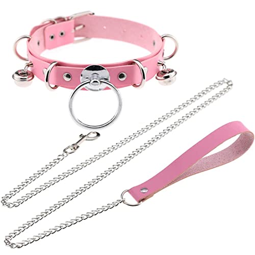 LAIFEKE Mode Punk PU Leder Halsband Metall Ring Choker Gothic Kette Halskette Hals Zubehör Einstellbare Größe (Rosa) von LAIFEKE