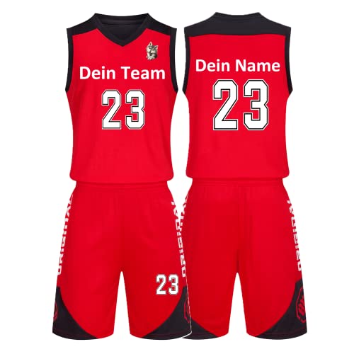 Benutzerdefiniert Basketball Trikot Kinder Herren Set mit Namen Nummer Team Logo 2-Piece Basketball Jersey Shirt & Short Rot von LAIFU