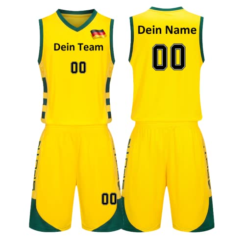 Benutzerdefiniert Basketball Trikots Kinder Herren mit Namen Nummber Logo Basketball Jersey Shirt und Shorts (Gelb) von LAIFU