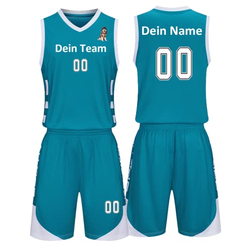 Benutzerdefiniert Basketball Trikots Kinder Herren mit Namen Nummber Logo Basketball Jersey Shirt und Shorts (hellblau) von LAIFU