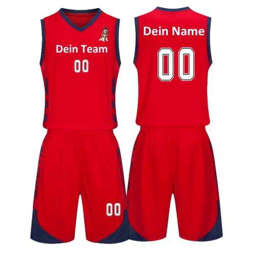 Benutzerdefiniert Basketball Trikots Kinder Herren mit Namen Nummber Logo Basketball Jersey Shirt und Shorts (rot) von LAIFU