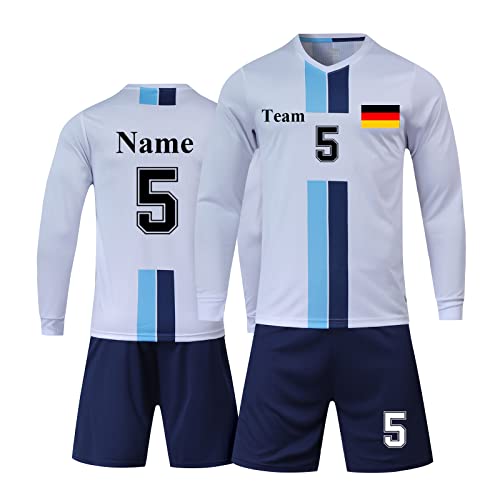 Benutzerdefiniert Trikot mit Hose & GRATIS Name + Nummer Team Logo - Geschenk für Kinder Erw.Jungen Fußball Personalisiert (Langes Weiß) von LAIFU