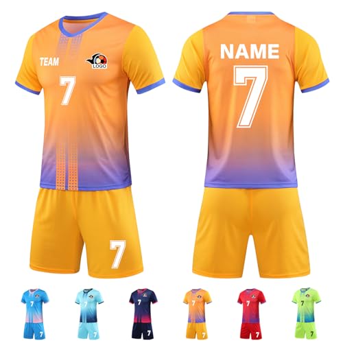 LAIFU Fussball Trikot mit Eigenem Namen Kinder Erwachsene Personalisiert Fußball Trikot Set mit Nummer Logo (DE/NL/SE/PL, Alphanumerisch, S, Regular, Regular, Kurkuma) von LAIFU
