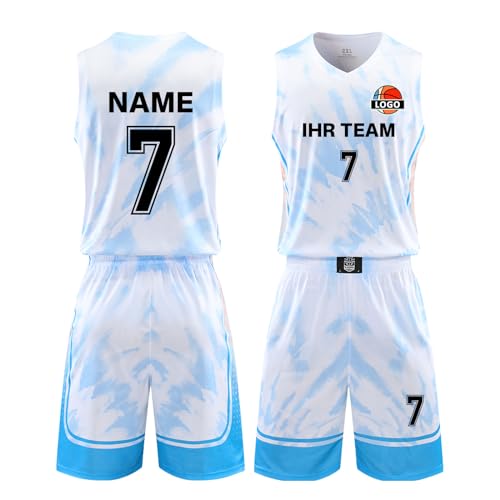 LAIFU Personalisierte Name und Nummer Team Basketball Kit Customized Erwachsene Jugend Schweißabsorbierend Basketball Trikots (DE/NL/SE/PL, Alphanumerisch, 4XS, Regular, Regular, Weiß Blau) von LAIFU