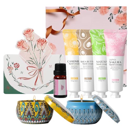 LAIKOU Duftkerzen und Handcreme Set, Mini Handcreme Gastgeschenk, 8 Stück Duftkerzen Feuchtigkeits Handcreme Grußkarten, Reisegröße, für Muttertag Jahrestag Weihnachten Adventskalender von LAIKOU