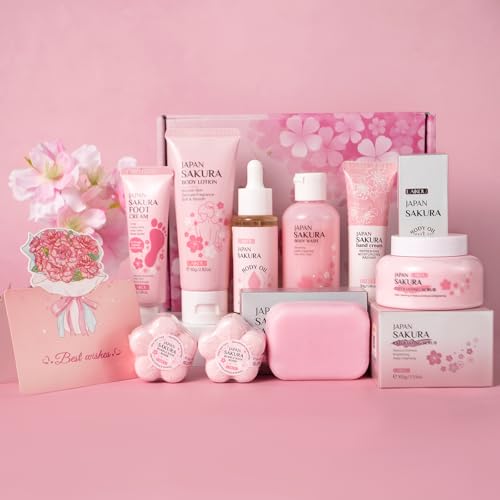 LAIKOU Sakura Bad Geschenkset für Frauen, mit Duschgel, Körperlotion, Peeling und Handcreme und mehr, Geschenk zu Weihnachten, Geburtstag oder Muttertag (Sakura, stück, 9) von LAIKOU