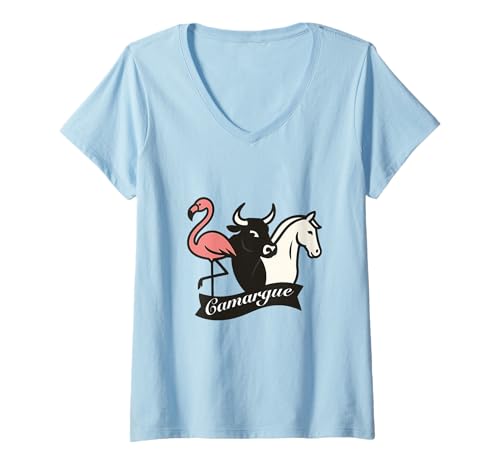 Damen Camargue - Flamant Vache Cheval T-Shirt mit V-Ausschnitt von LAILOLA