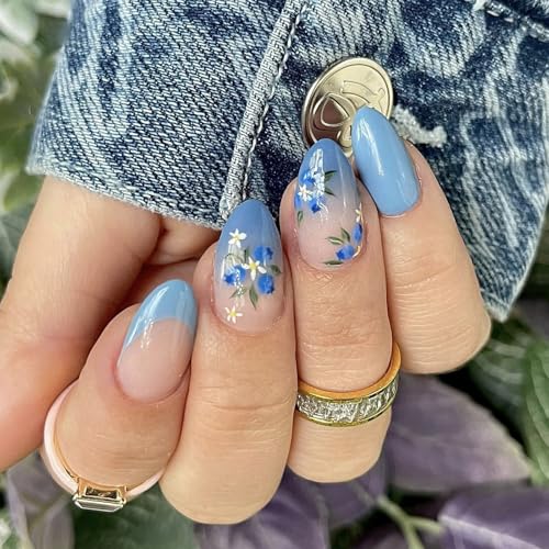 24 Stück French Tip Blue Flower Press on Nails Short Mandel Shape Stick On Nails Maniküre Nägel Dekoration für Frauen von LAIOUSN