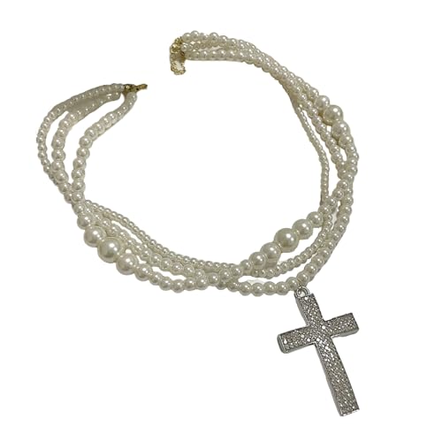 Elegante Strass-Kreuz-Halskette mit mehrsträngigen Kunstperlen, Schlüsselbeinkette für Freizeitkleidung und luxuriöse, modische Imitationsperlen und Halskette von LAIOUSN