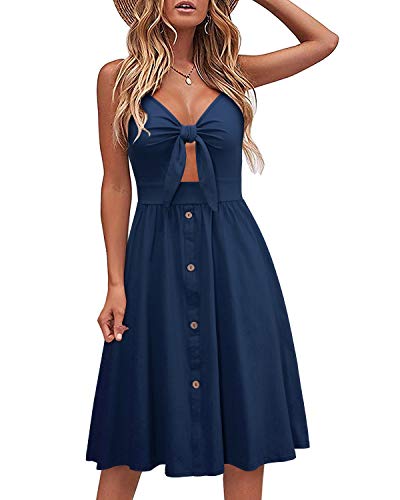 LAISHEN Sommerkleid Damen V-Ausschnitt Strandkleid Knielang Kleider Sommer Freizeitkleid mit Taschen(Marine,XL) von LAISHEN