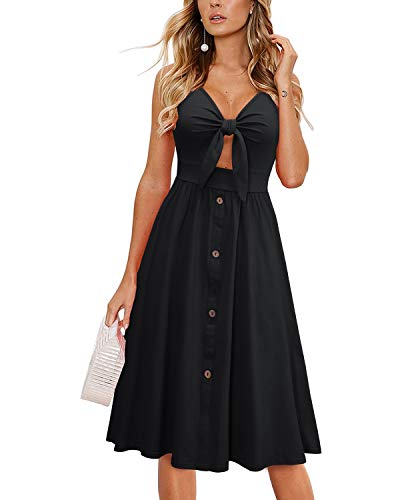 LAISHEN Sommerkleid Damen V-Ausschnitt Strandkleid Knielang Kleider Sommer Freizeitkleid mit Taschen(Schwarz,L) von LAISHEN