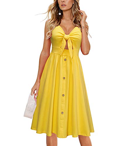 LAISHEN Sommerkleid Damen V-Ausschnitt Strandkleid Knielang Kleider Sommer Freizeitkleid mit Taschen(gelb,L) von LAISHEN