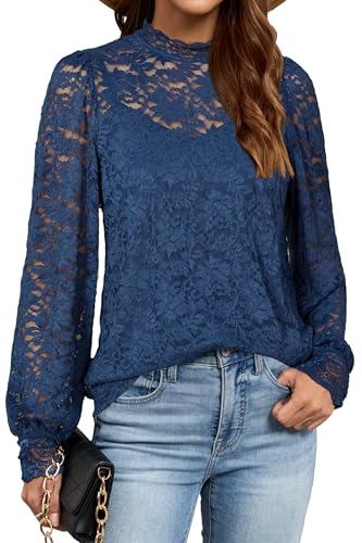 LAISHEN Bluse Damen Langarm Spitzen Oberteiel Casual Elegant Mock Neck Langarmshirt mit Separate Cami 2 Pcs Set Outfit Navy,S von LAISHEN