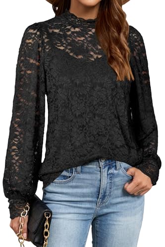 LAISHEN Bluse Damen Langarm Spitzen Oberteiel Casual Elegant Mock Neck Langarmshirt mit Separate Cami 2 Pcs Set Outfit Schwarz,XL von LAISHEN