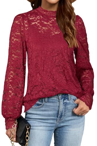 LAISHEN Bluse Damen Langarm Spitzen Oberteiel Casual Elegant Mock Neck Langarmshirt mit Separate Cami 2 Pcs Set Outfit Wine,M von LAISHEN