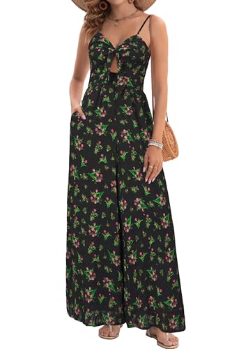 LAISHEN Damen Jumpsuit Sommer Elegant Lang Hosenanzug Festlich Hochzeit Tie Front Overall Weites Bein mit Taschen (Floral-B,XXL) von LAISHEN