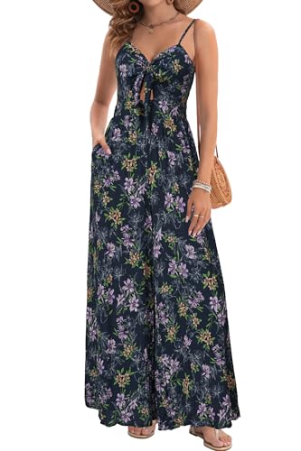 LAISHEN Damen Jumpsuit Sommer Elegant Lang Hosenanzug Festlich Hochzeit Tie Front Overall Weites Bein mit Taschen (Floral-C,S) von LAISHEN