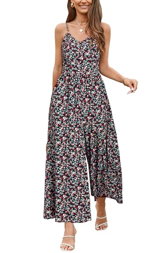 LAISHEN Jumpsuit Damen Sommer Overall Elegant Festlich Hochzeit Lang Hosenanzug Weites Bein Hose Playsuit mit Taschen (Floral 01, M) von LAISHEN