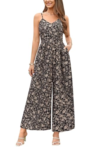 LAISHEN Jumpsuit Damen Sommer Overall Elegant Festlich Hochzeit Lang Hosenanzug Weites Bein Hose Playsuit mit Taschen (Floral 04, M) von LAISHEN