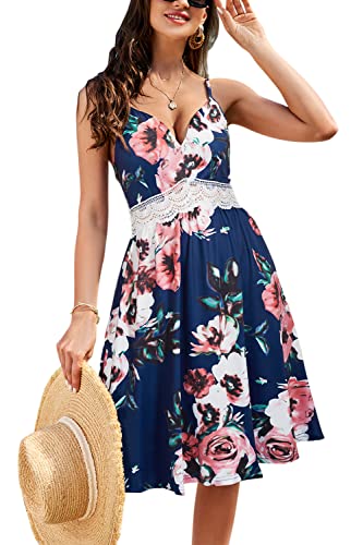 LAISHEN Damen Sommerkleider Casual Strandkleid Ärmellos V Ausschnitt Blumen Boho Kleider von LAISHEN