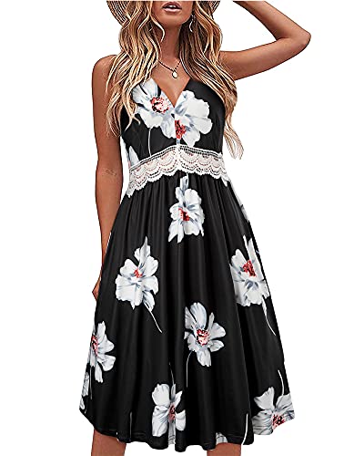 LAISHEN Damen Sommerkleider Casual Strandkleid Ärmellos V Ausschnitt Blumen Boho Kleider von LAISHEN