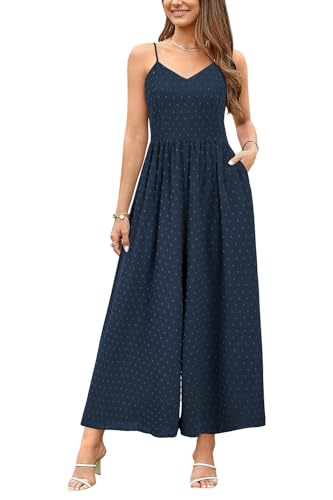 LAISHEN Jumpsuit Damen Sommer Overall Elegant Festlich Hochzeit Lang Hosenanzug Weites Bein Hose Playsuit mit Taschen (Dark Blue, M) von LAISHEN