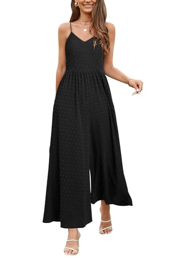 LAISHEN Jumpsuit Damen Sommer Overall Elegant Festlich Hochzeit Lang Hosenanzug Weites Bein Hose Playsuit mit Taschen (Schwarz, M) von LAISHEN