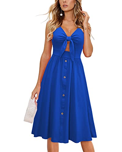 LAISHEN Womens 2023 Floral Sundress V-Neck Spaghetti Strap Tie Knot Front Flowy Swing Beach Dress with Pockets 2023(Blue,XL) von LAISHEN