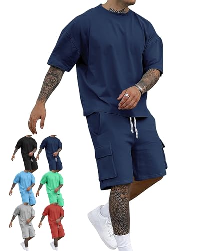 LAITEGOG Herren-Shorts-Sets, Outfits, lässig, lockere Passform, einfarbig, Sport-Sets, zweiteiliges Shorts-Set for Herren, sportliches Jogging-Trainingsset(Blue,XL) von LAITEGOG