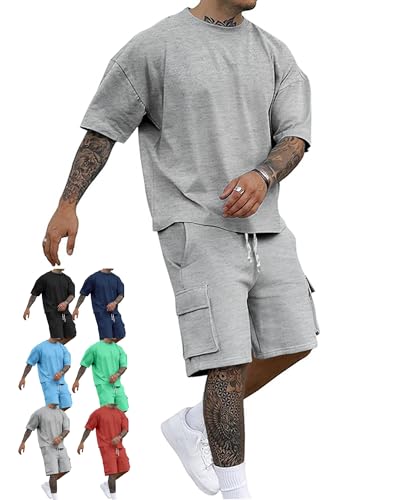 LAITEGOG Herren-Shorts-Sets, Outfits, lässig, lockere Passform, einfarbig, Sport-Sets, zweiteiliges Shorts-Set for Herren, sportliches Jogging-Trainingsset(Gray,XL) von LAITEGOG