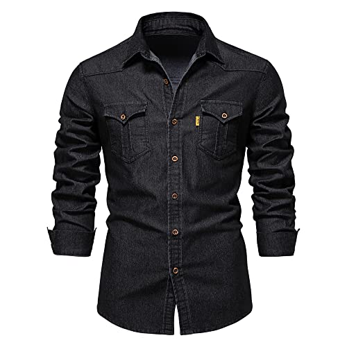 LAIYUTING Elastisches Baumwoll-Denim-Hemd Herren Langarm Cowboy-Hemden für Herren Casual Slim Fit Kleidung von LAIYUTING