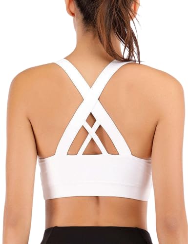 LAJERIN Sport BH Damen Starker Halt Push up Sport Bra Gekreuzt Rücken Gepolstert Sports Bra mit Abnehmbaren Gepolstert für Fitness Lauf Joggen Yoga, Weiß-L von LAJERIN