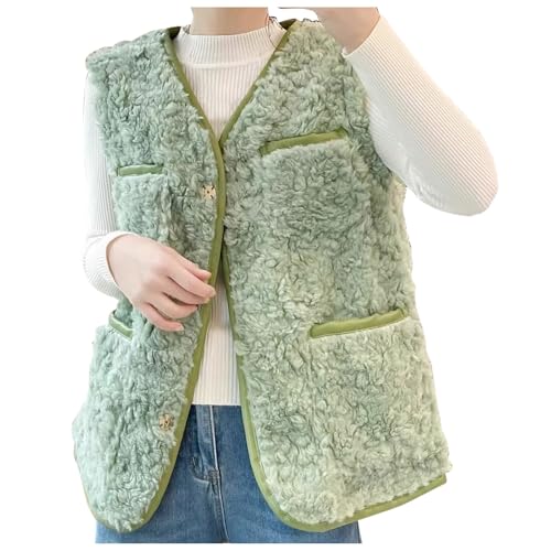 Teddy Weste Damen Ärmellos Teddyfleece Jacke Fleece Winterweste Winter Warme Fleeceweste Kurz Teddyjacke Plüsch Westen Einfarbig Damenwesten Übergangsjacke Mantel Thermoweste Plüschweste (A-Green, L) von LAJIAOMIAN