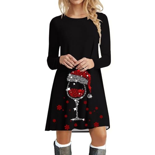 Weihnachtskleid Damen Sweatshirt Kleid Langarm Pullover Kleid Winter Rundhals Minikleid Rentier Druck Weihnachten Kleid Elegant Oberteile Weihnachtskleider Damen Rundhals Kleid Weihnachten (E-Red, M) von LAJIAOMIAN