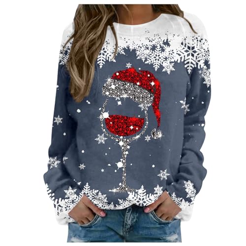 Weihnachtspullover Damen Sweatshirt Rundhals Langarm Weinglas Druck Langarmshirt Teenager Mädchen Christmas Sweatshirt Weihnachtspulli Oberteile Tops Pullover Shirt Frauen Christmas (#2-Grey, L) von LAJIAOMIAN