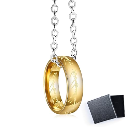 Herr der Ringe Anhänger Halskette Kette LOTR Cosplay 'The One Ring to Rule Them All'Hobbit Elf Elven Goldring Gandalf Keltisches Amulett Lajup-Kette 60cm von LAJUP