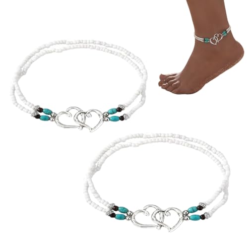 LAJUP 2 Stück Elastisches Strand-Fußkettchen Mit Perlen Für Frauen,Doppellagiges Fußkettchen,Handgefertigter Wasserdichter Schmuck-Modisches Accessoire Für Frauen von LAJUP