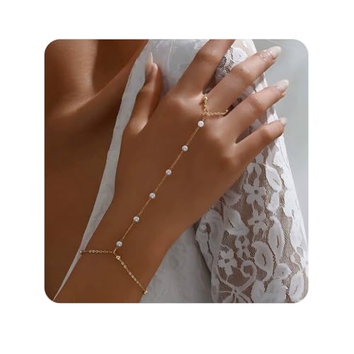 LAJUP Goldene Handkette Armband, Vergoldete Fingerring Handkette, Zirkon Kristallperlen Kettehand, Armband Mit Ring Verbunden, Trendy Handschmuck Für Frauen von LAJUP