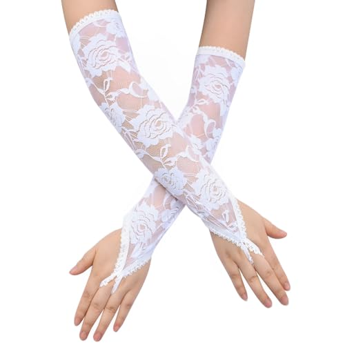 LAJUP Lange Spitzenhandschuhe, Brauthandschuhe Fingerlose Handschuhe Mit Spitze Für Frauen Blumenspitze Elastisch Handschuhe Vintage Abendhandschuhe Für Hochzeit Party Teeparty Opernparty Kostüm von LAJUP