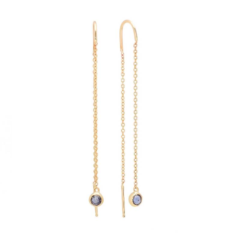 14K Gold Saphir Threader Ohrringe, Faden Mit Runder Gliederkette - Ohrring Linie Ohrdraht, Blauer Thread Ohrringe von LAJewelery