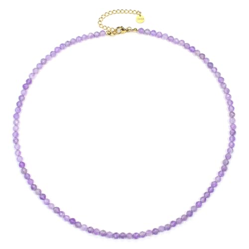Amethyst Edelsteinkette mit facettierten 4mm Perlen - echte Natursteine - Länge verstellbar - Heilstein Schutzstein Edelstein Collier Glücksbringer Talisman Geschenk (Amethyst, 45, G) von LAKADA