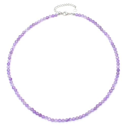 Amethyst Edelsteinkette mit facettierten 4mm Perlen - echte Natursteine - Länge verstellbar - Heilstein Schutzstein Edelstein Collier Glücksbringer Talisman Geschenk (Amethyst, 45, S) von LAKADA