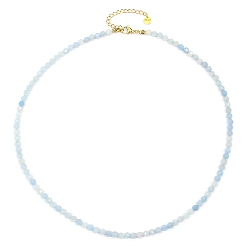 Aquamarin Edelsteinkette mit facettierten 4mm Perlen - echte Natursteine - Länge verstellbar - Heilstein Schutzstein Edelstein Collier Glücksbringer Talisman Geschenk (Aquamarin, 45, G) von LAKADA