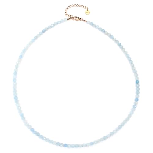 Aquamarin Edelsteinkette mit facettierten 4mm Perlen - echte Natursteine - Länge verstellbar - Heilstein Schutzstein Edelstein Collier Glücksbringer Talisman Geschenk (Aquamarin, 50, R) von LAKADA