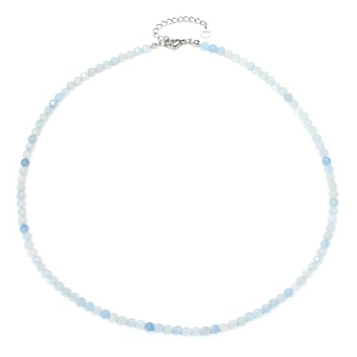 Aquamarin Edelsteinkette mit facettierten 4mm Perlen - echte Natursteine - Länge verstellbar - Heilstein Schutzstein Edelstein Collier Glücksbringer Talisman Geschenk (Aquamarin, 50, S) von LAKADA
