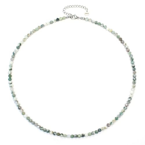 Baumachat Edelsteinkette mit facettierten 4mm Perlen - echte Natursteine - Länge verstellbar - Heilstein Schutzstein Edelstein Collier Glücksbringer Talisman Geschenk (Baumachat, 50, S) von LAKADA