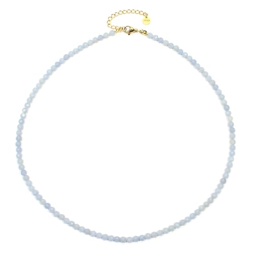 Blauer Angelit Edelsteinkette mit facettierten 4mm Perlen - echte Natursteine - Länge verstellbar - Heilstein Schutzstein Edelstein Collier Glücksbringer Talisman Geschenk (Bl. Angelit, 40, G) von LAKADA