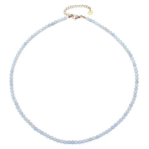 Blauer Angelit Edelsteinkette mit facettierten 4mm Perlen - echte Natursteine - Länge verstellbar - Heilstein Schutzstein Edelstein Collier Glücksbringer Talisman Geschenk (Bl. Angelit, 40, R) von LAKADA