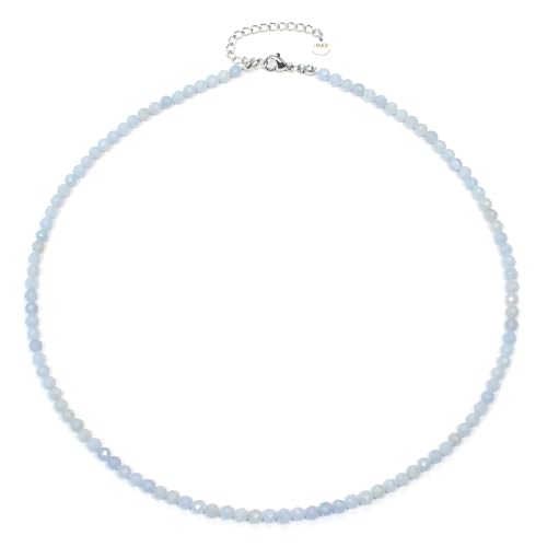 Blauer Angelit Edelsteinkette mit facettierten 4mm Perlen - echte Natursteine - Länge verstellbar - Heilstein Schutzstein Edelstein Collier Glücksbringer Talisman Geschenk (Bl. Angelit, 40, S) von LAKADA